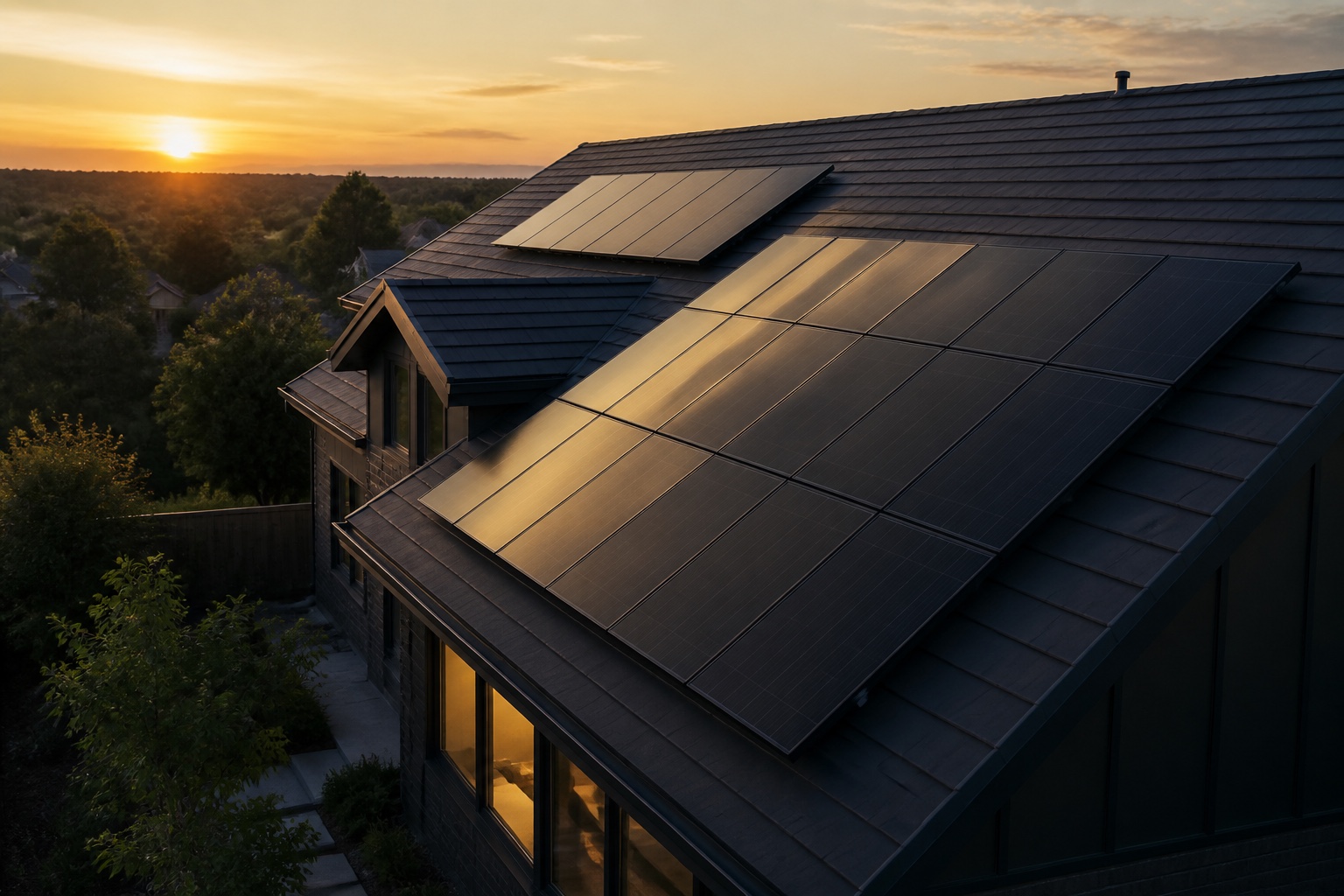 Residential rooftop solar panels in warm evening light